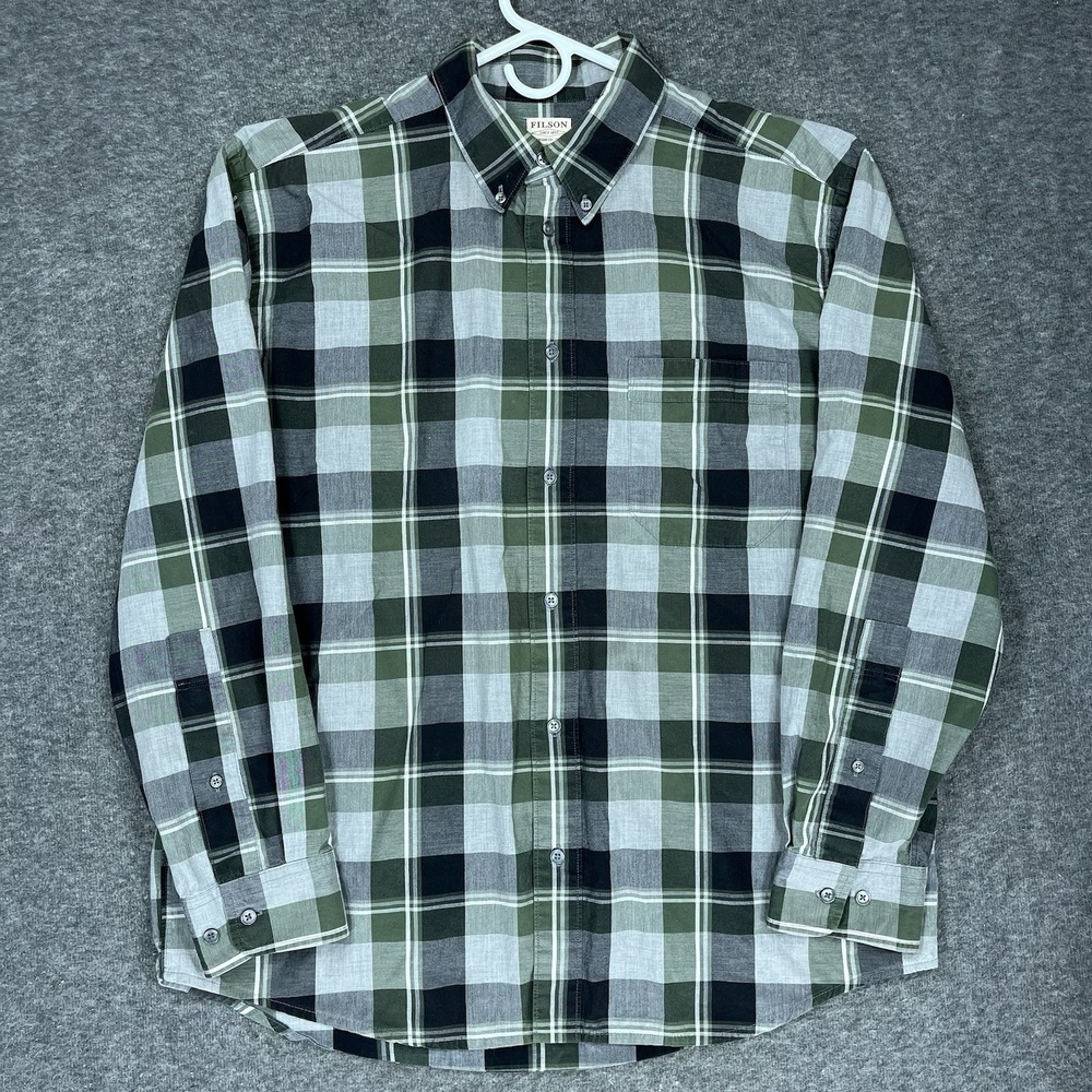 Filson Sutter Sport Shirt Mens L Green Grey Plaid Button Down Cotton Outdoor